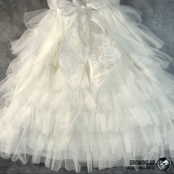 LAYERED MESH TULE PARTY DRESS IN OFF WHITE TEA LENGTH EMPIRE WAIST GIRLS SIZE 4 - Picture 8 of 15